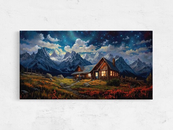Cabin Starry Night Sky Panoramic Landscape Painting Framed Print Ready To Hang Coloful Night Sky Living Room Decor