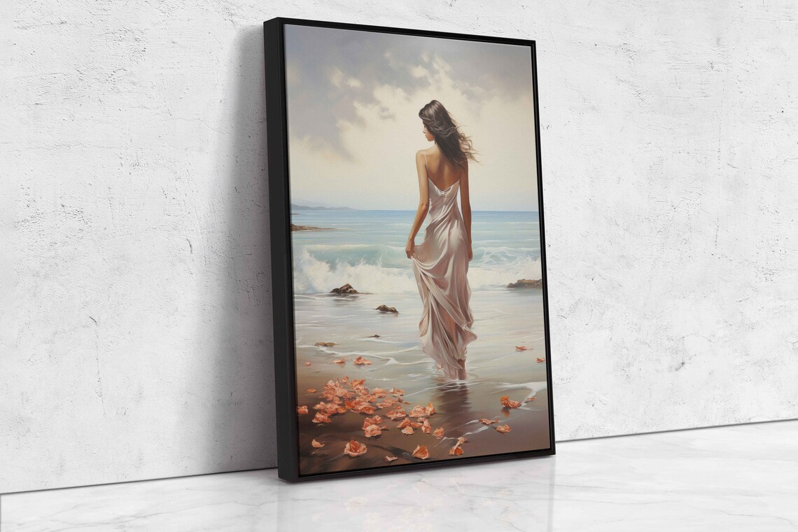 Woman Walking Beach Watercolor Flowing Dress Ocean Waves Art Poster - Image 4