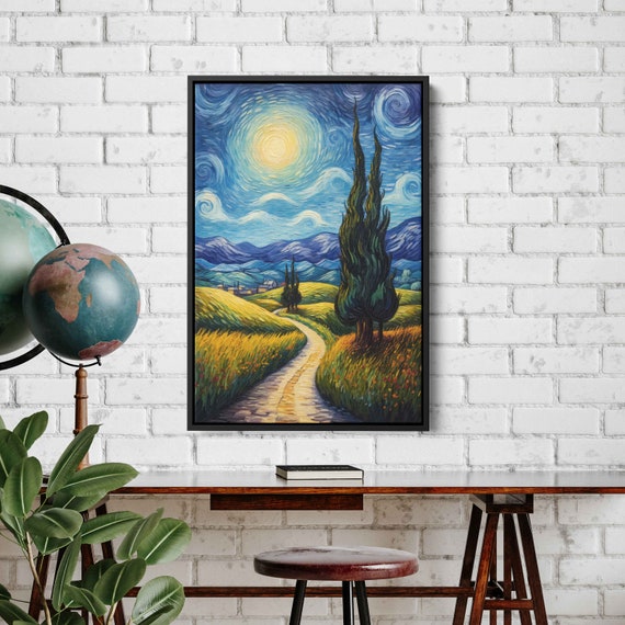 Starry Night Van Gogh Inspired Impressionist Wall Art Print Peaceful Rural Town Trail Ready To Hang
