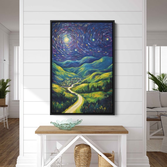 Starry Night Van Gogh Inspired Impressionist Wall Art Print Peaceful Rural Town Trail Ready To Hang