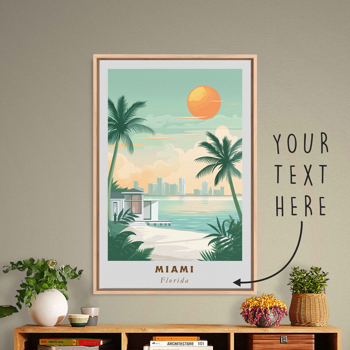 Miami Florida Beach Palm Trees Bay Skyline Sunset Travel Poster