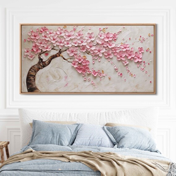 Vibrant Cherry Blossom Tree Painting Cherry Blossom Petals Vivid Color Wall Art Print Ready To Hang