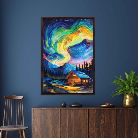 Rainbow Aurora Borealis Over Cozy Log Cabin Mountain Retreat Night Poster