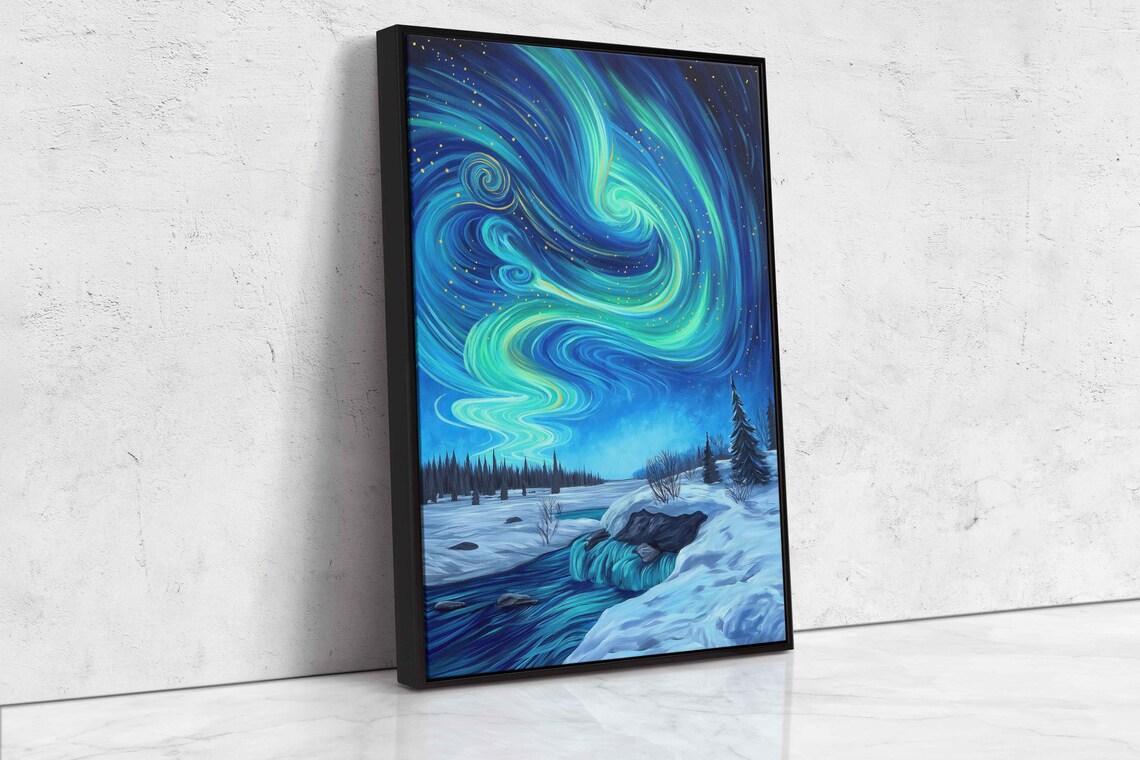 Northern Lights Swirling Aurora Over Snowy River Landscape Winter Wall Poster - Image 4