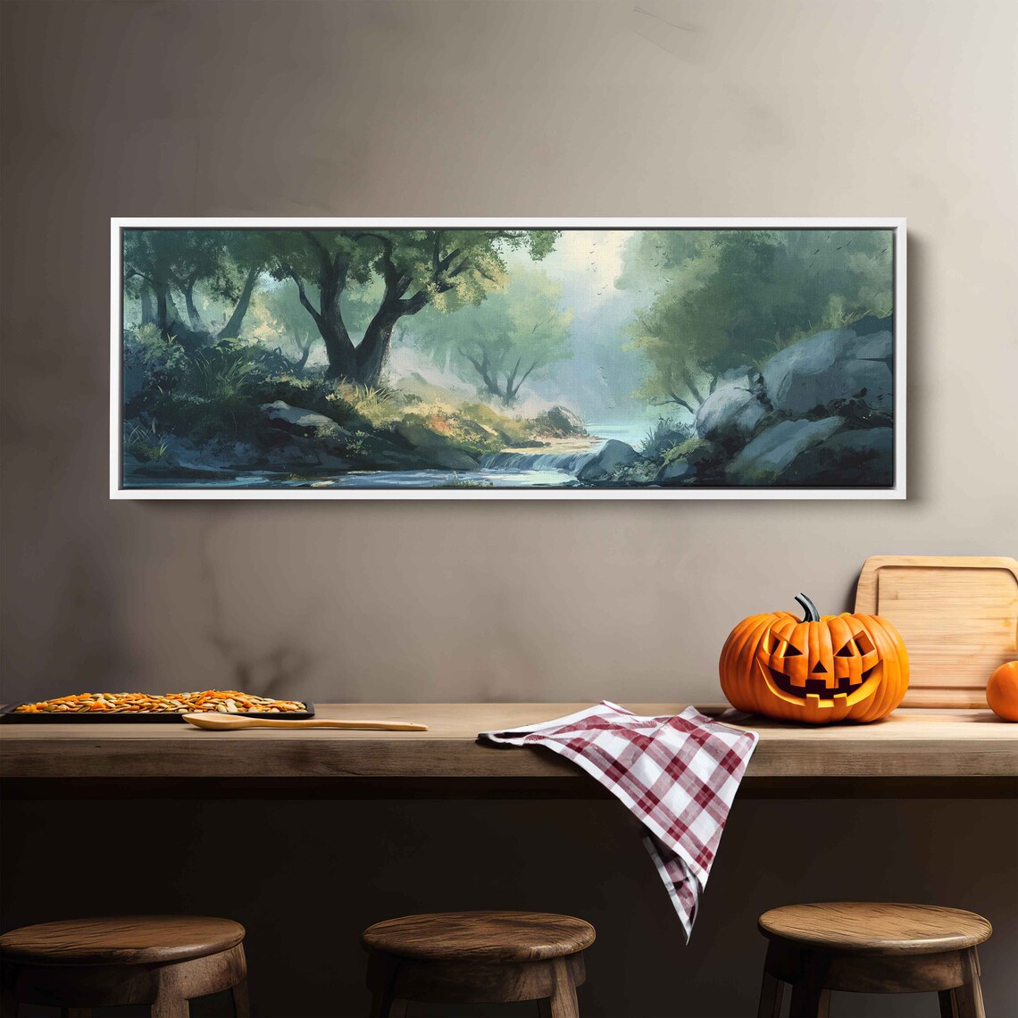 River In Forest Waterfall Painting Wall Art Print Ready To Hang Oil Painting - Image 3