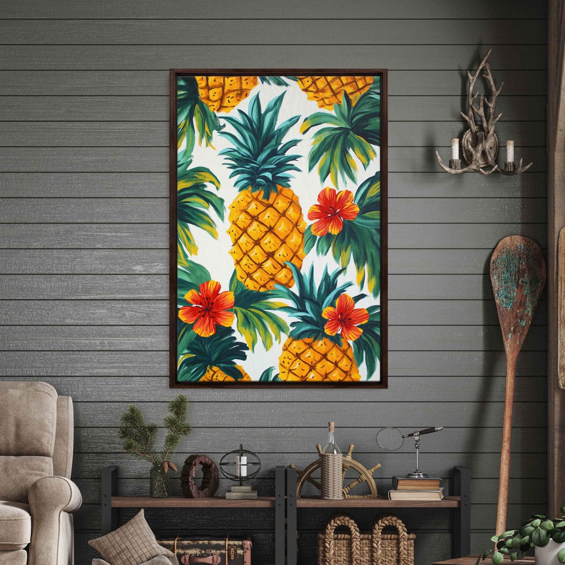 Golden Pineapples And Red Hibiscus Tropical Summer Art Poster - Image 3