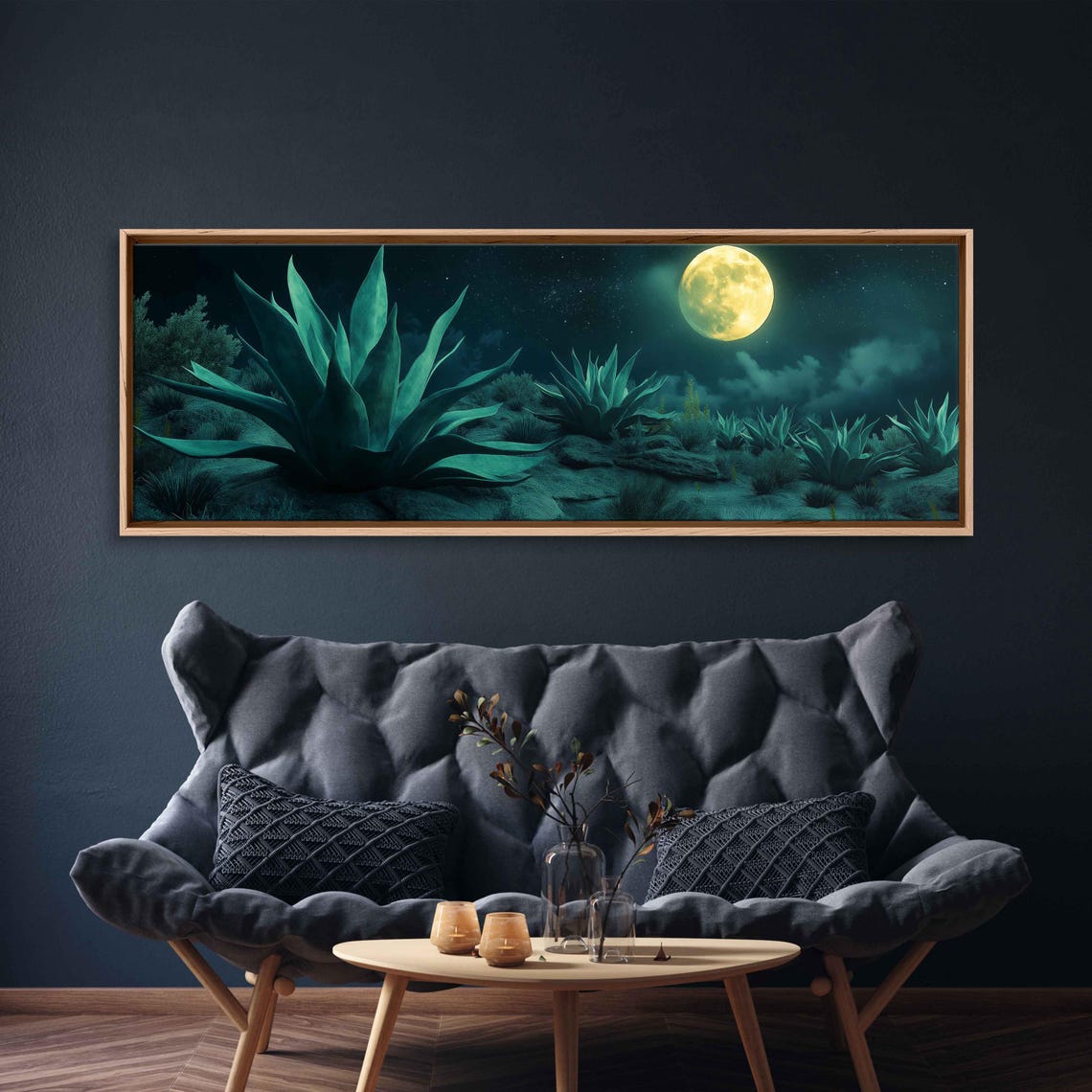 Giant Full Moon Over A Moonlit Agave Desert Panoramic Night Poster