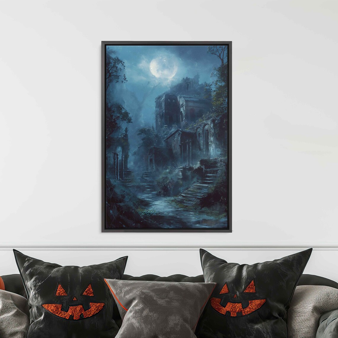 Eerie Abandoned Village Ruins Under Full Moon Foggy Night Poster