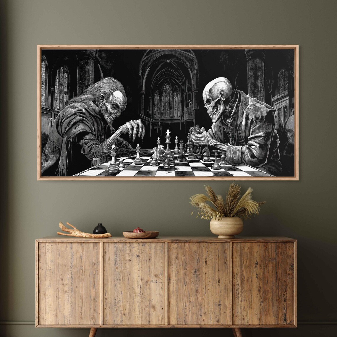 Skeleton Playing Chess Against Vampire In Gothic Cathedral Hall Ink Poster - Image 3