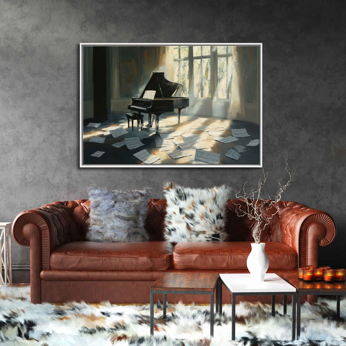 Grand Piano In Sunlit Room Scattered Sheet Music Elegant Art Poster - Image 3