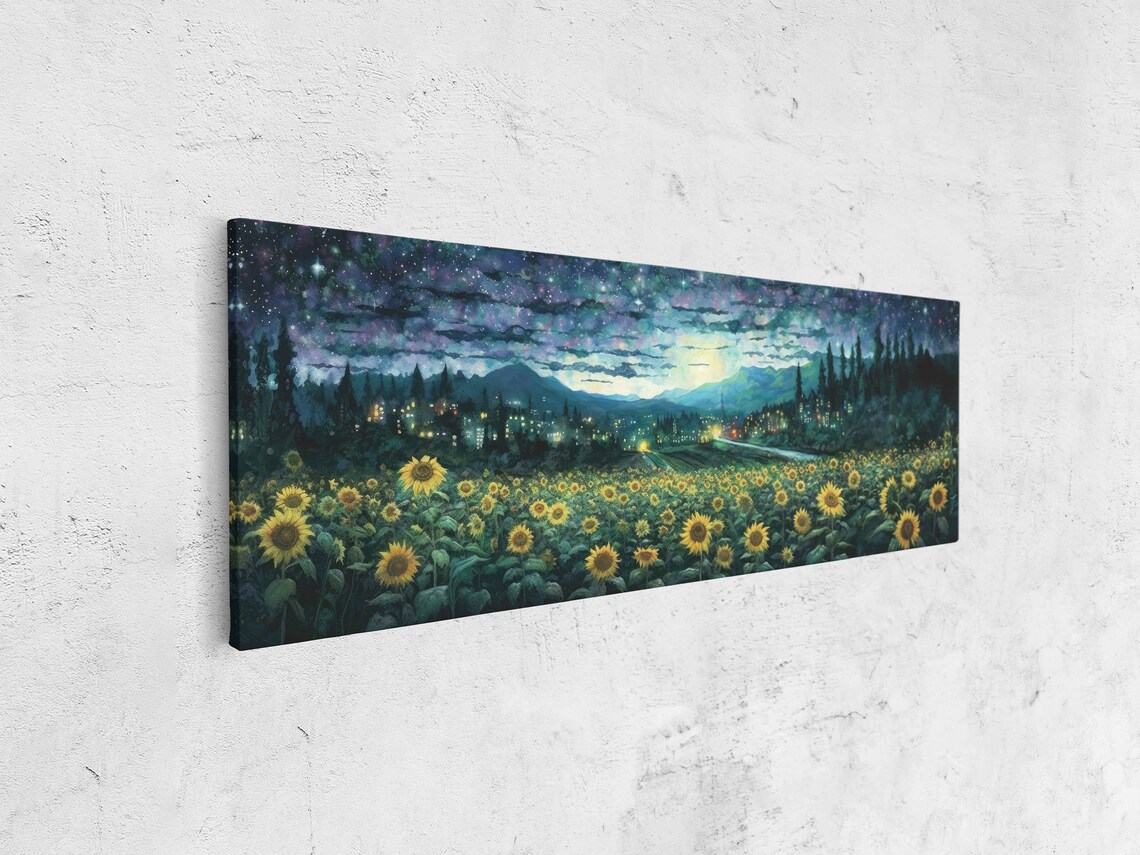 Sunflower Field Starry Night City Lights Panoramic Countryside Painting Poster - Image 4