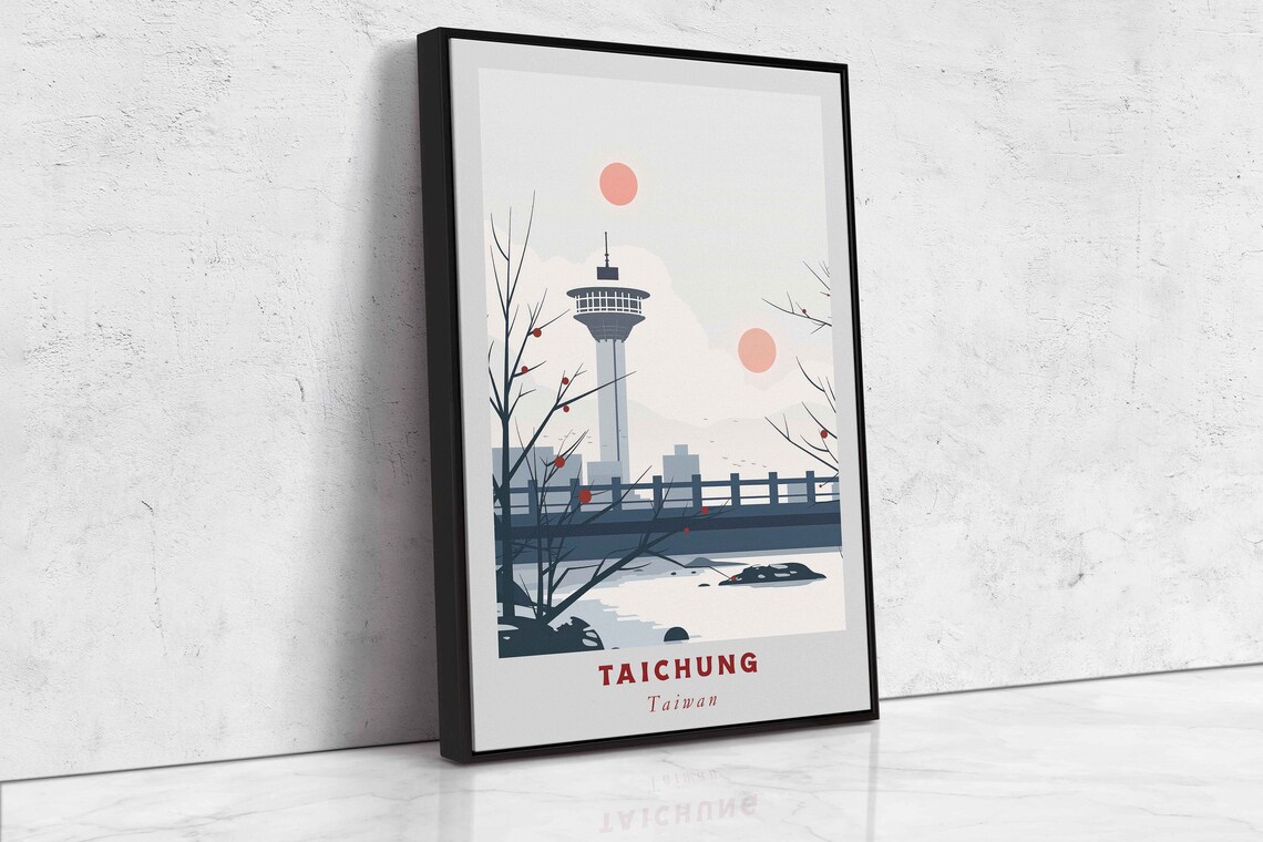 Taichung Taiwan Tower Over Bridge Minimal Winter Scene Travel Poster - Image 2