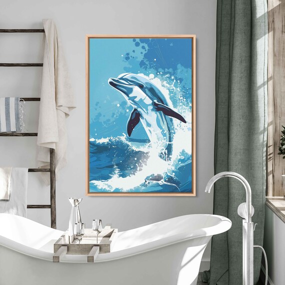 Dolphin Jumping Out Of The Water Wall Art Print Aquatic Animal Poster Ocean Painting Lake House Decor Ready To Hang