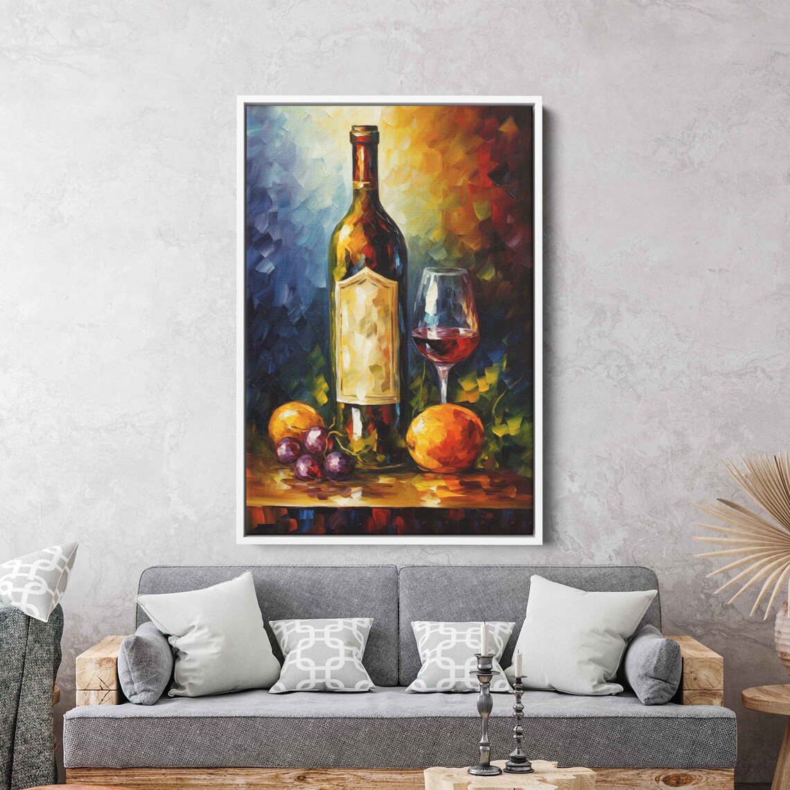 Wine Bottle Glass Red Wine Grapes Still Life Colorful Oil Painting Art Print - Image 3