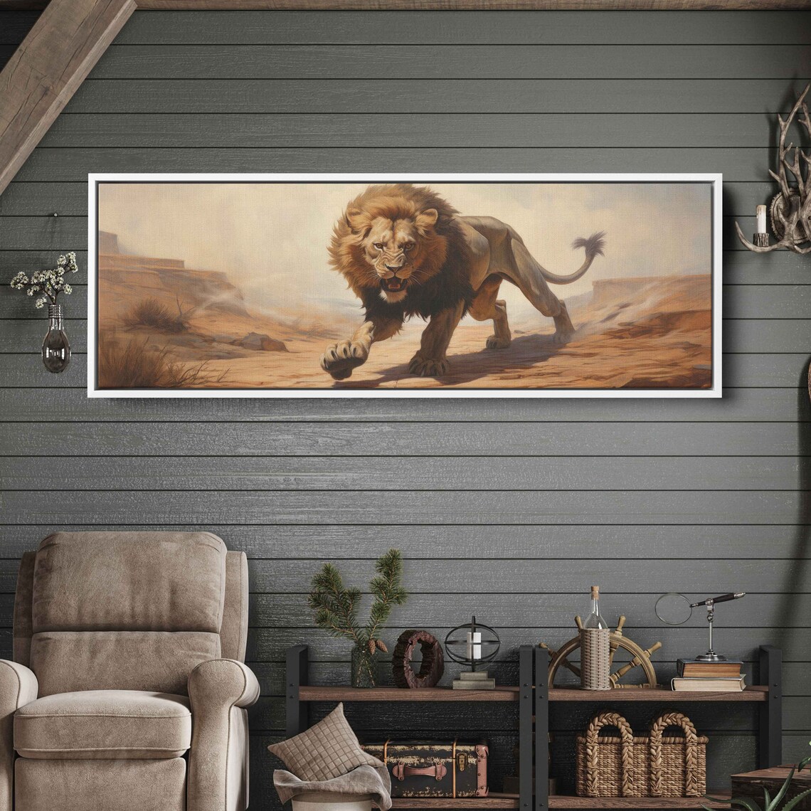 Ferocious Lion Charging Through Desert Dust Panoramic Wildlife Print - Image 2