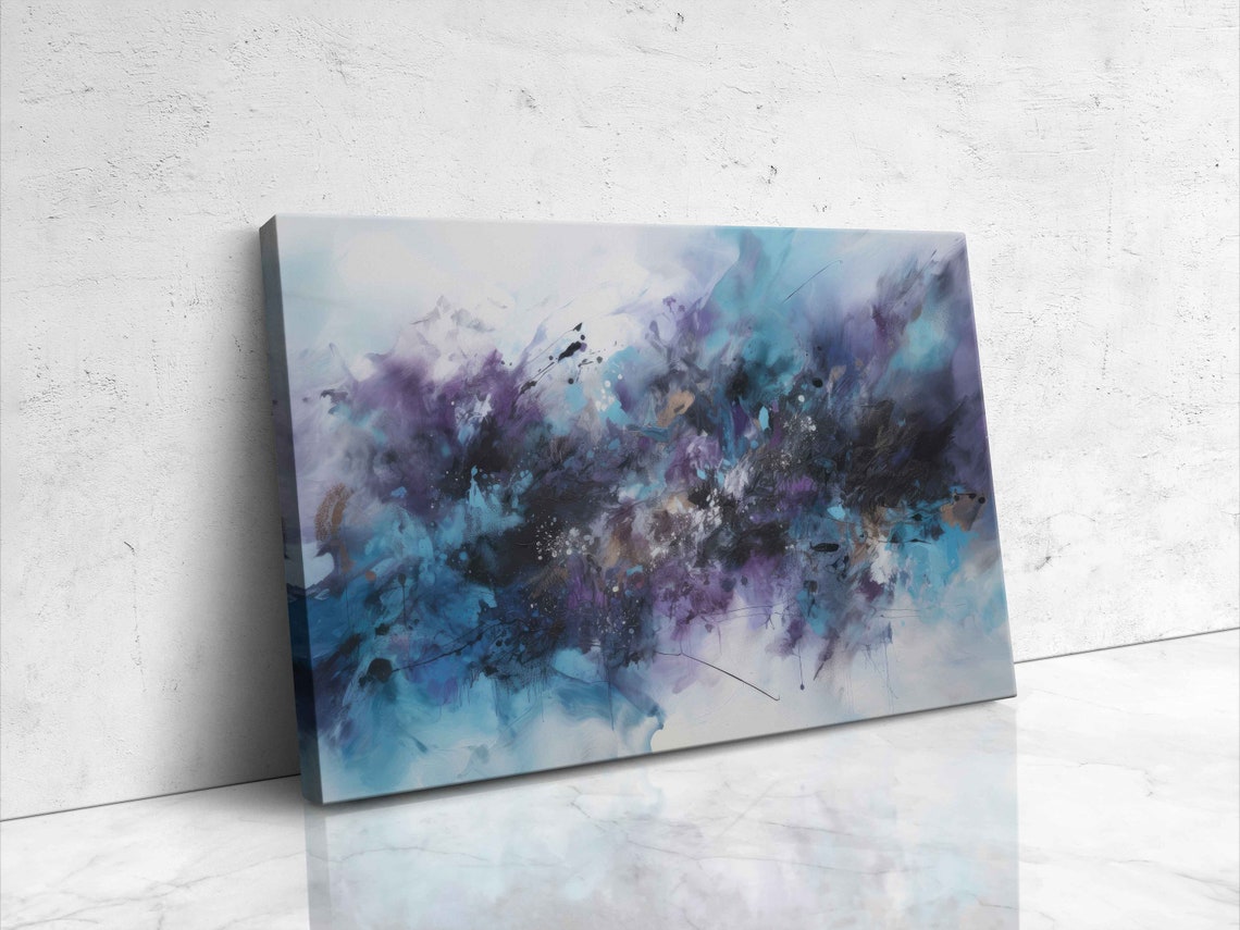 Bluepurple Abstract Paint Splatter Oil Painting Framed Print On Ready To Hang Office Decor - Image 4