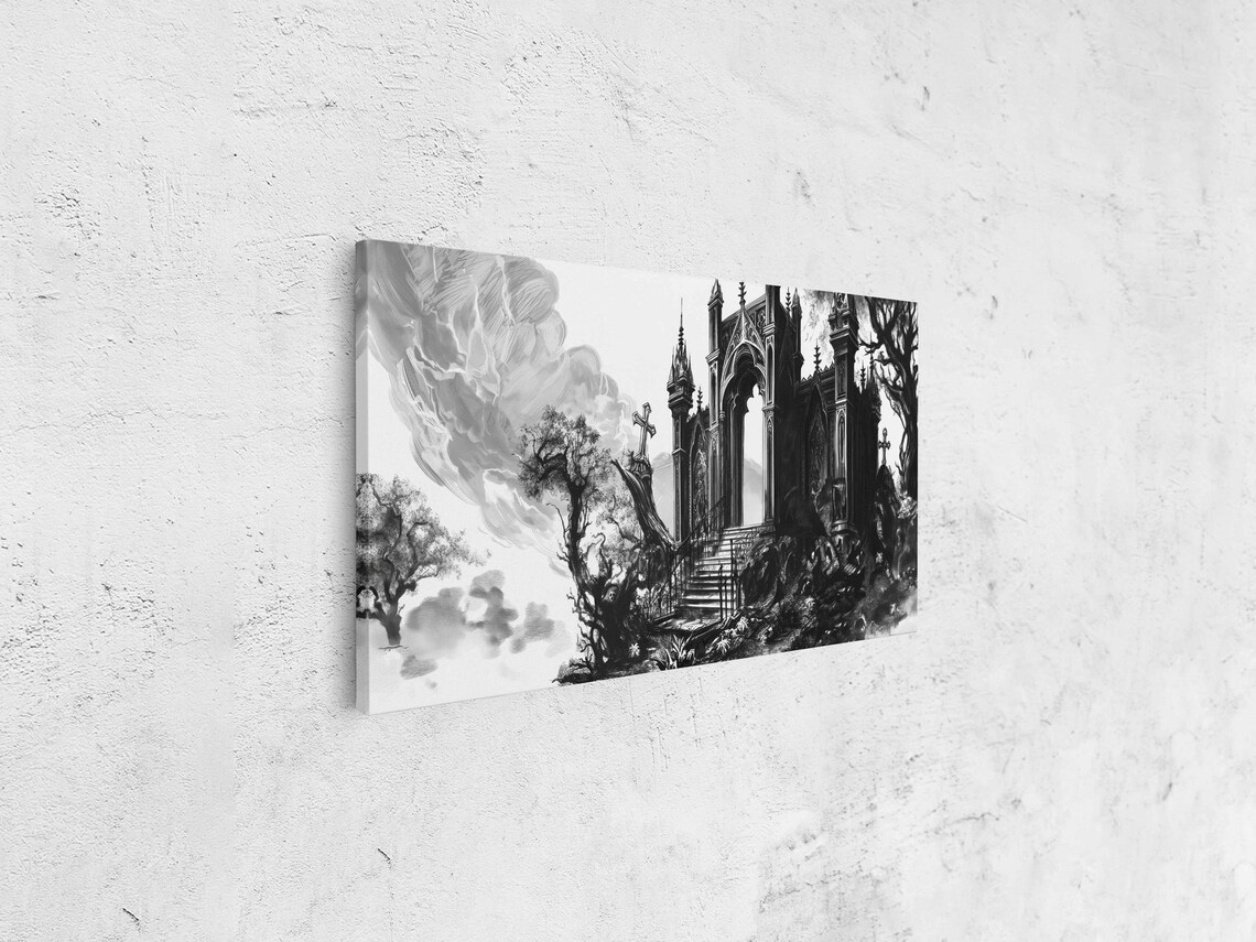 Gothic Ruined Tomb Chapel Pointed Arches Twisted Trees Ink Halloween Poster - Image 4