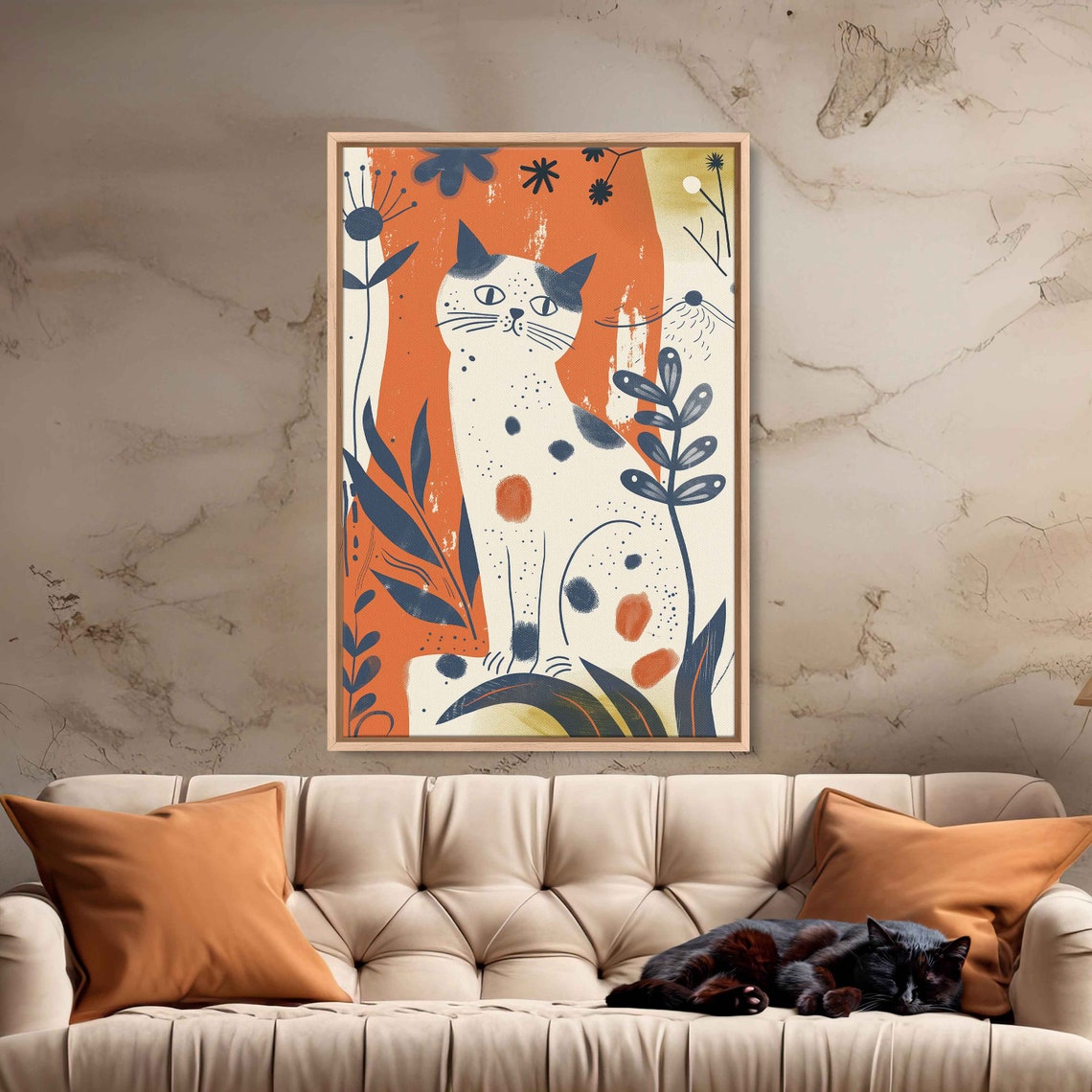 White Spotted Cat Orange Botanicals Matisse Style Playful Art Poster - Image 3