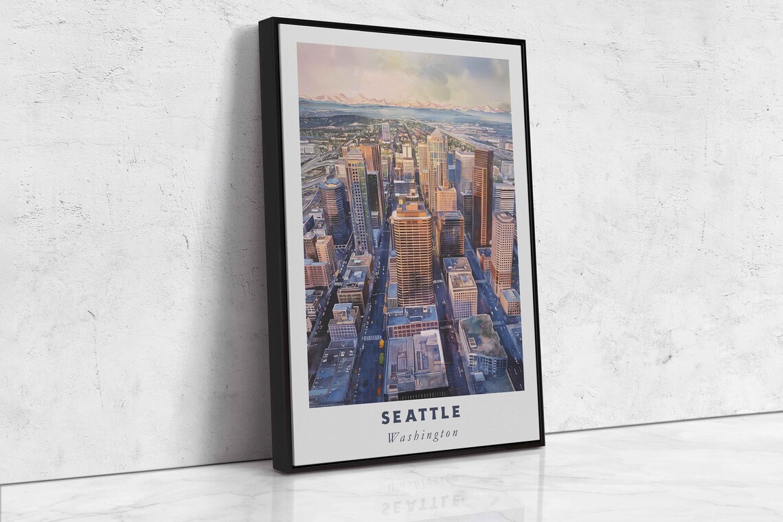 Seattle Washington Downtown Skyline Mountain View Aerial Travel Poster - Image 2