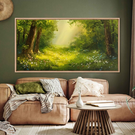 Tranquil Forest Painting Green Nature Framed Print Ready To Hang