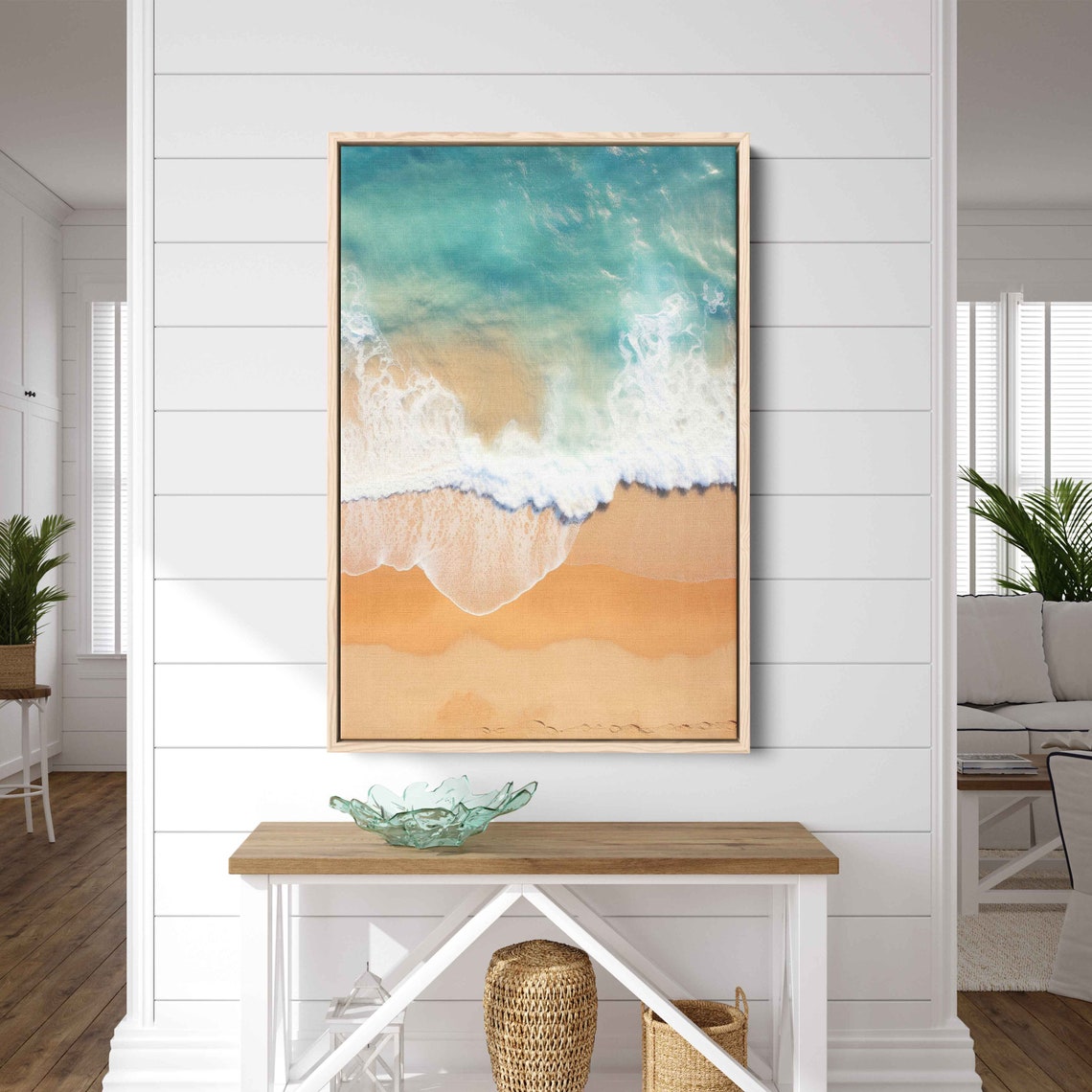 Aerial Ocean Wave Breaking Golden Sand Turquoise Water Beach Art Print