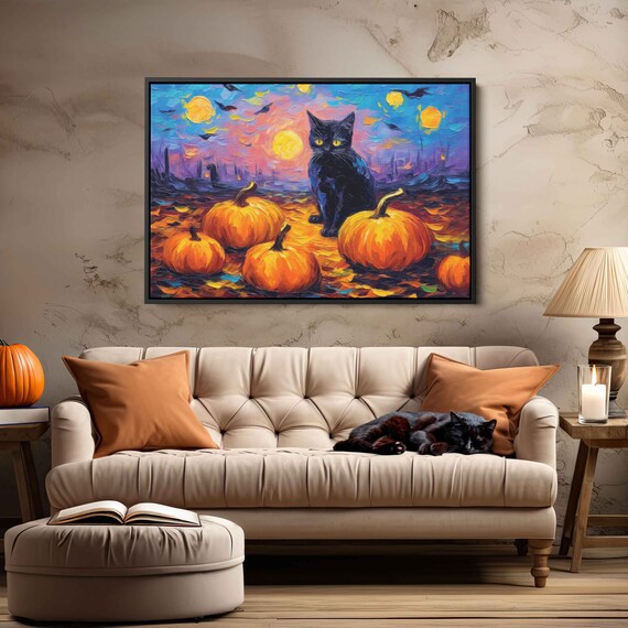 Black Cat Among Pumpkins Halloween Night Colorful Sunset Painting Art Poster