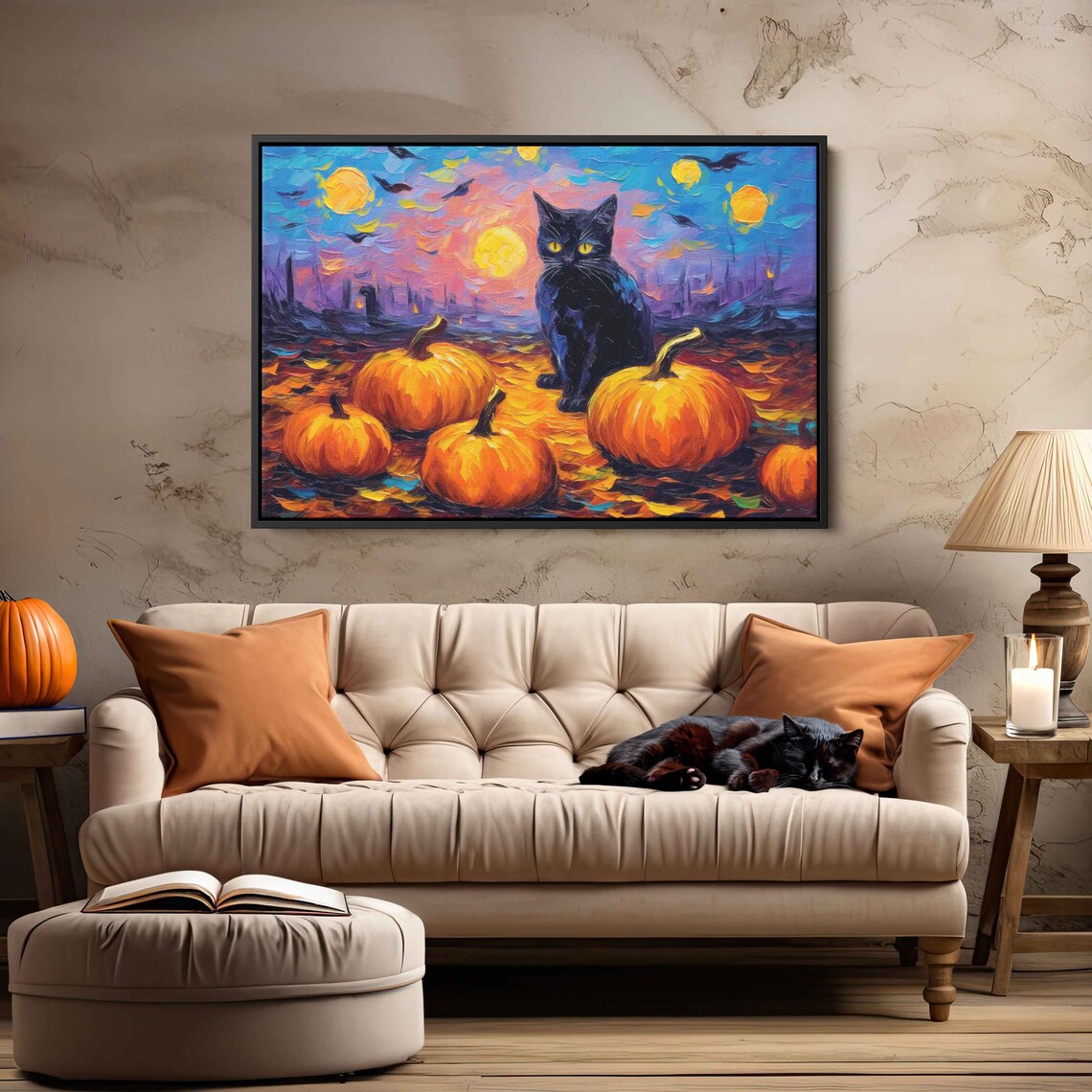 Black Cat Among Pumpkins Halloween Night Colorful Sunset Painting Art Poster