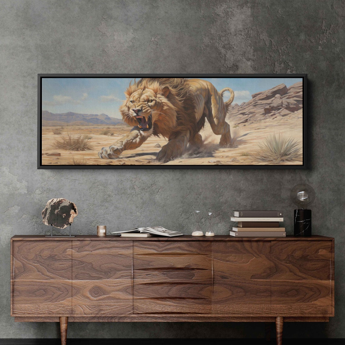 Ferocious Lion Running Through Desert Landscape Wildlife Art Print