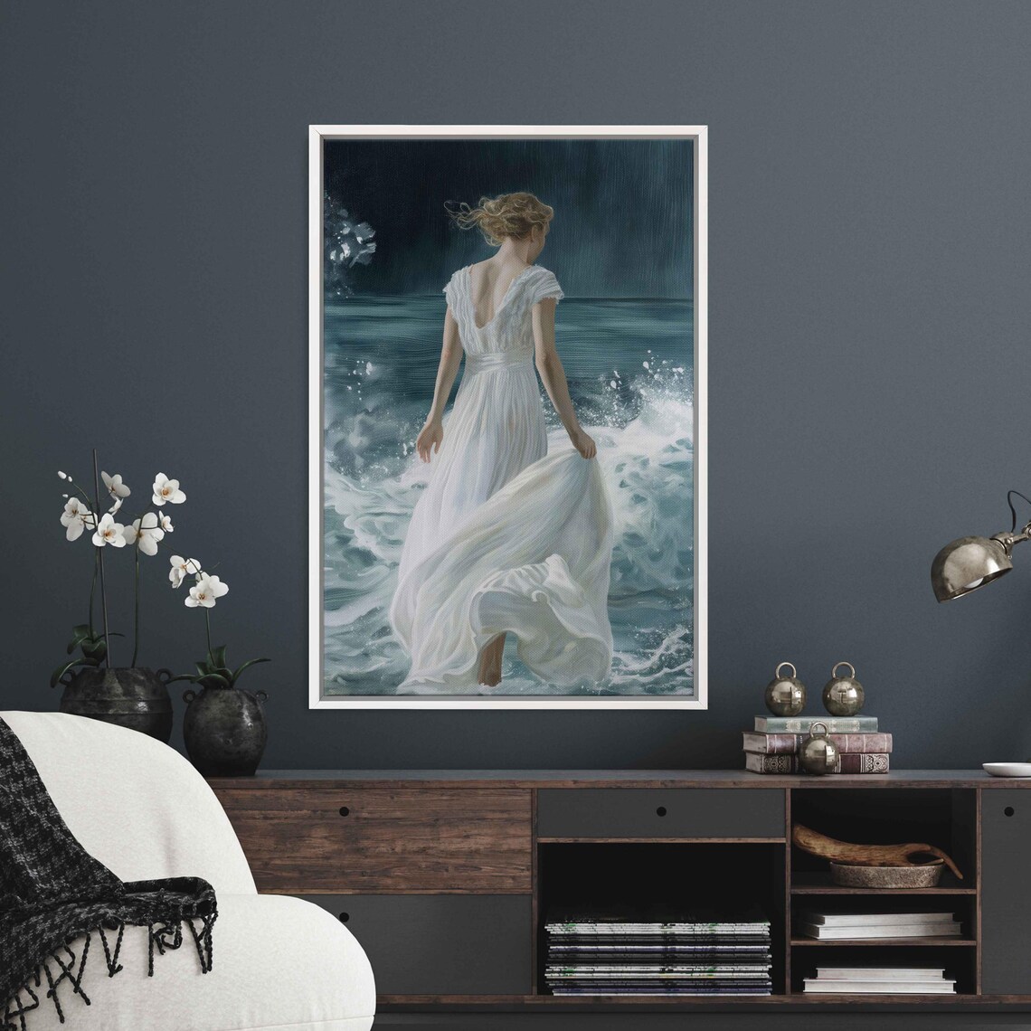 Goddess Aphrodite In White Gown Walking Into Moonlit Ocean Waves Art Poster - Image 3