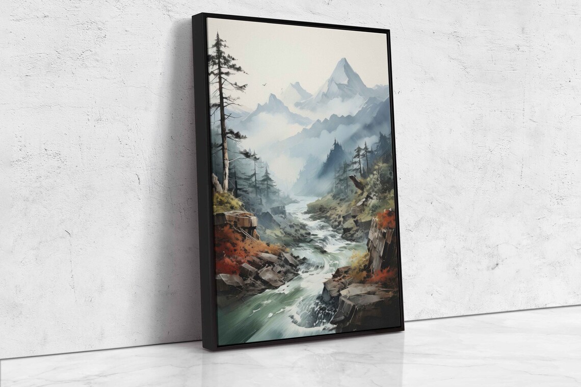 Foggy Watercolor Mountain River Wall Art Print Flowing Stream Peaceful Nature Cloudy Mountain Range Ready To Hang - Image 4