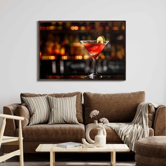 Classic Red Cocktail Martini Glass Lime Garnish Bar Bokeh Photo Wall Poster