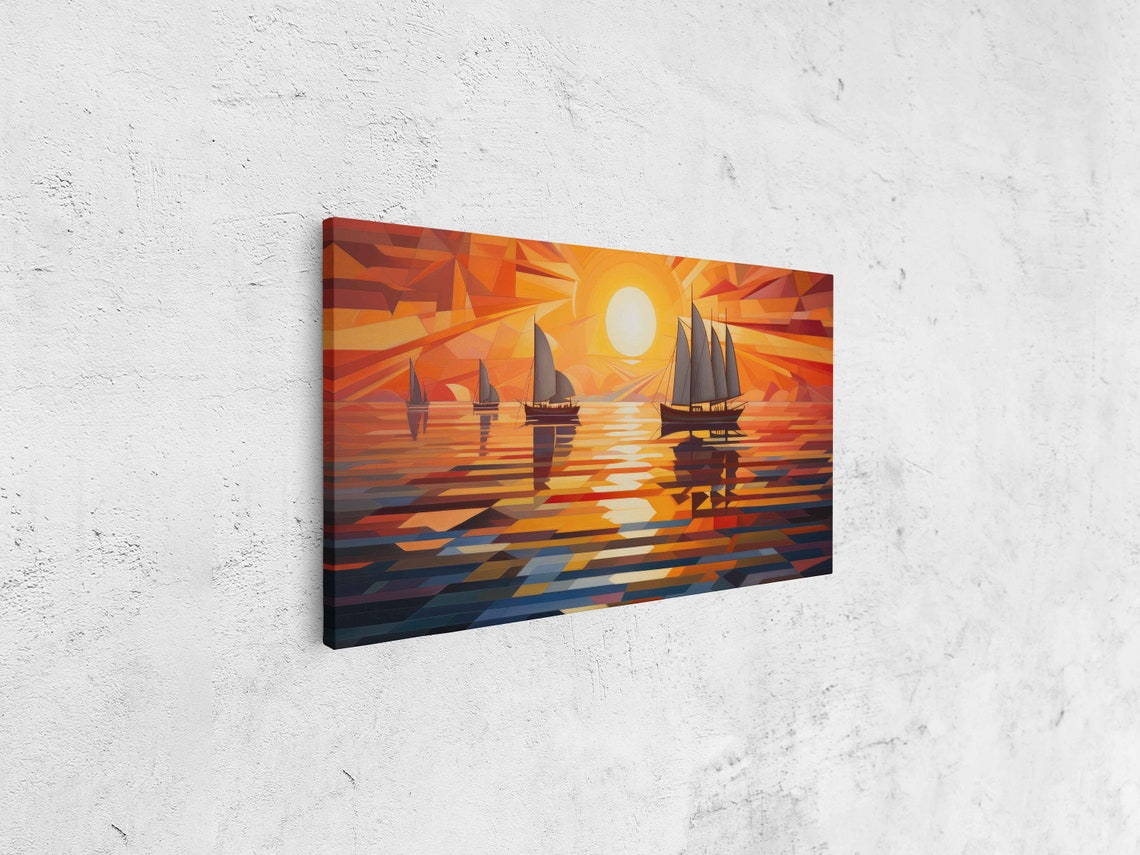 Geometric Art Deco Sailboats On Orange Sunset Sea Abstract Poster - Image 4