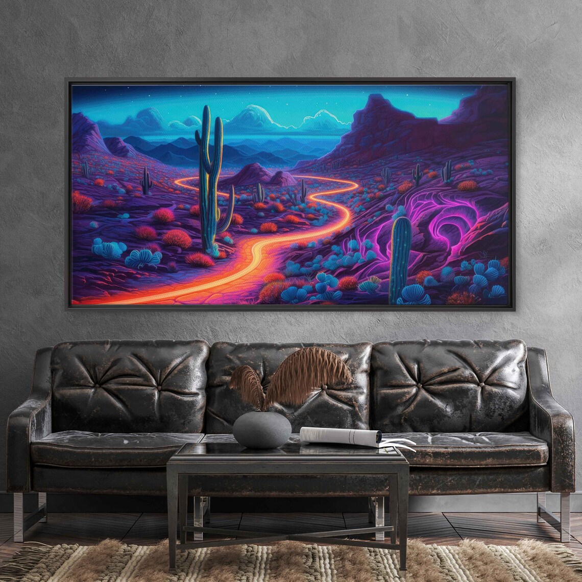Neon Desert Painting Framed Print Ready To Hang