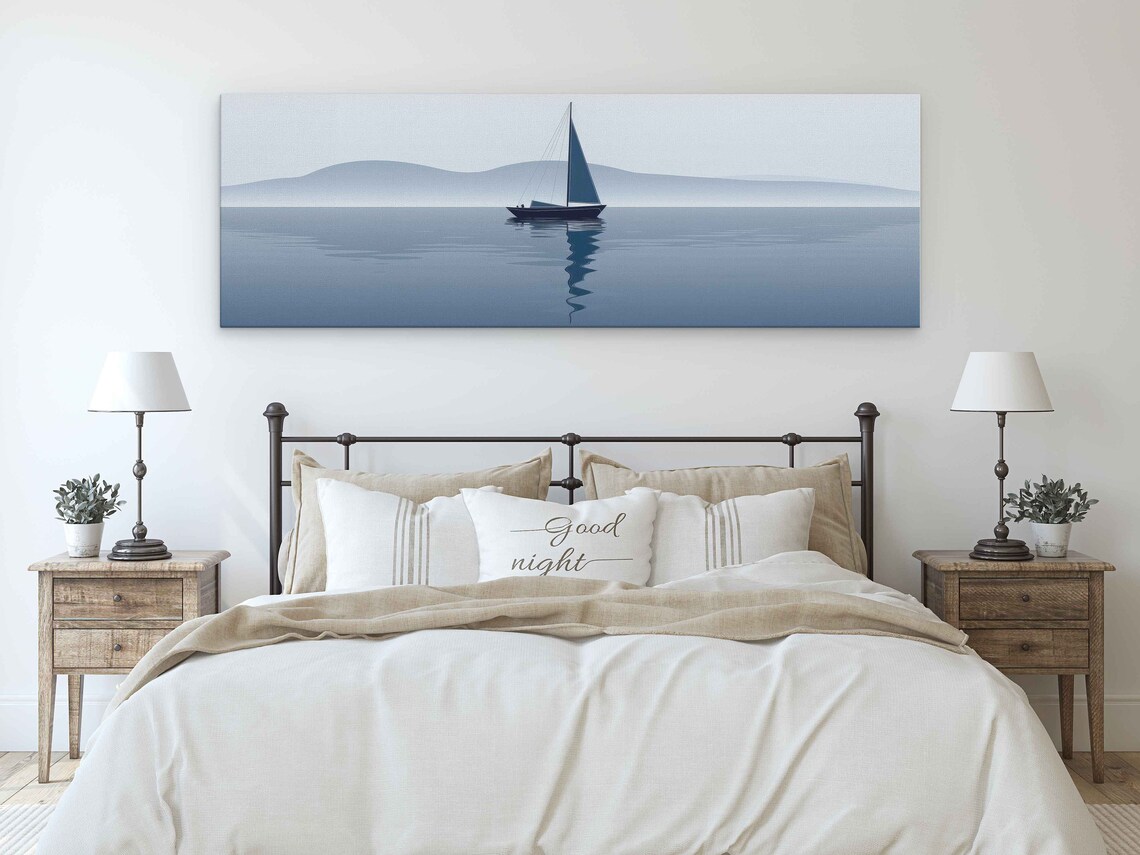 Minimalist Sailboat Calm Blue Water Misty Hills Modern Wall Art Print - Image 3