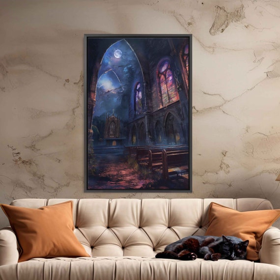Eerie Abandoned Church Under Moonlit Sky Wall Art Print Broken Stained Glass Full Moon Ready To Hang