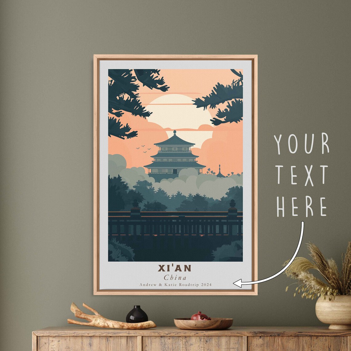 Xian China Tiered Pagoda Peach Sunset Pine Silhouette Travel Poster - Image 3