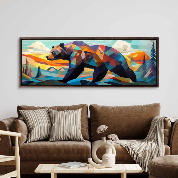 Grizzly Bear In Motion Wall Art Print Cubist Style Surreal Landscape Bold Geometric Shapes