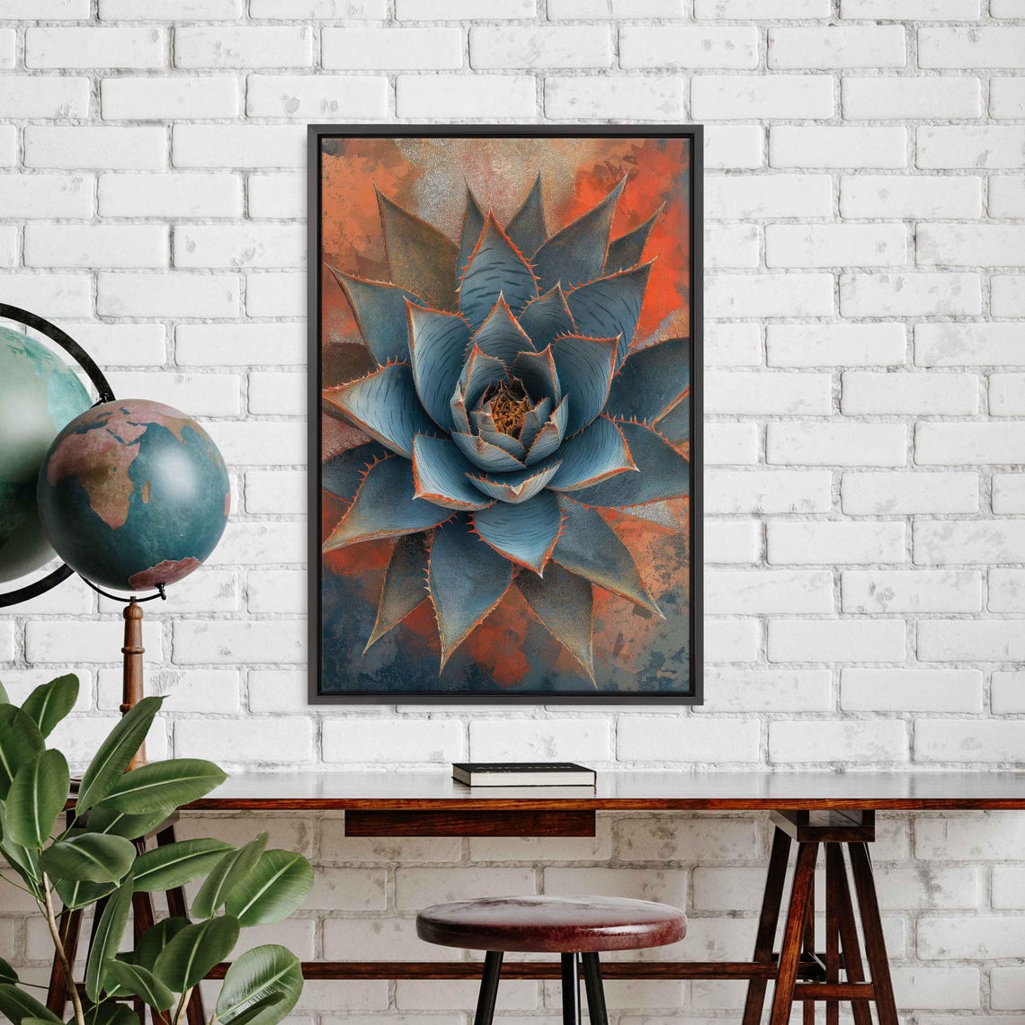 Blue Agave Rosette Close-Up With Fiery Orange Background Print