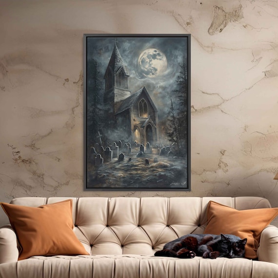 Haunted Church Foggy Graveyard Moonlit Night Eerie Halloween Art Print