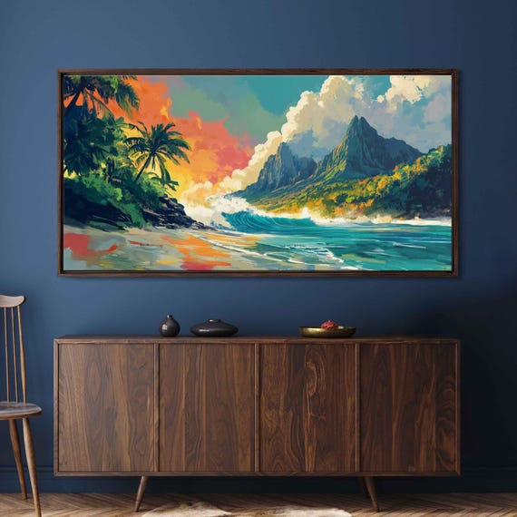 Tropical Surf Scene With Sandy White Beach Wall Art Print Gift For Surfer Palm Trees Ocean Art Ready To Hang