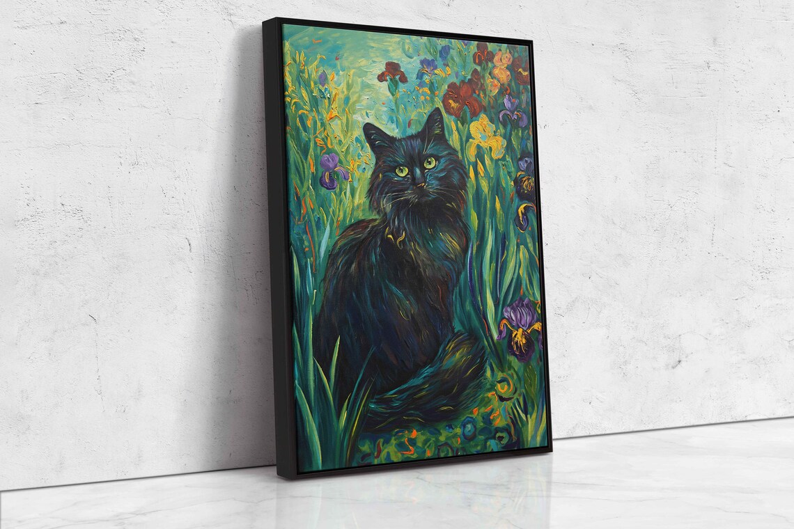 Black Cat Iris Garden Starry Swirls Painterly Floral Feline Art Poster - Image 4