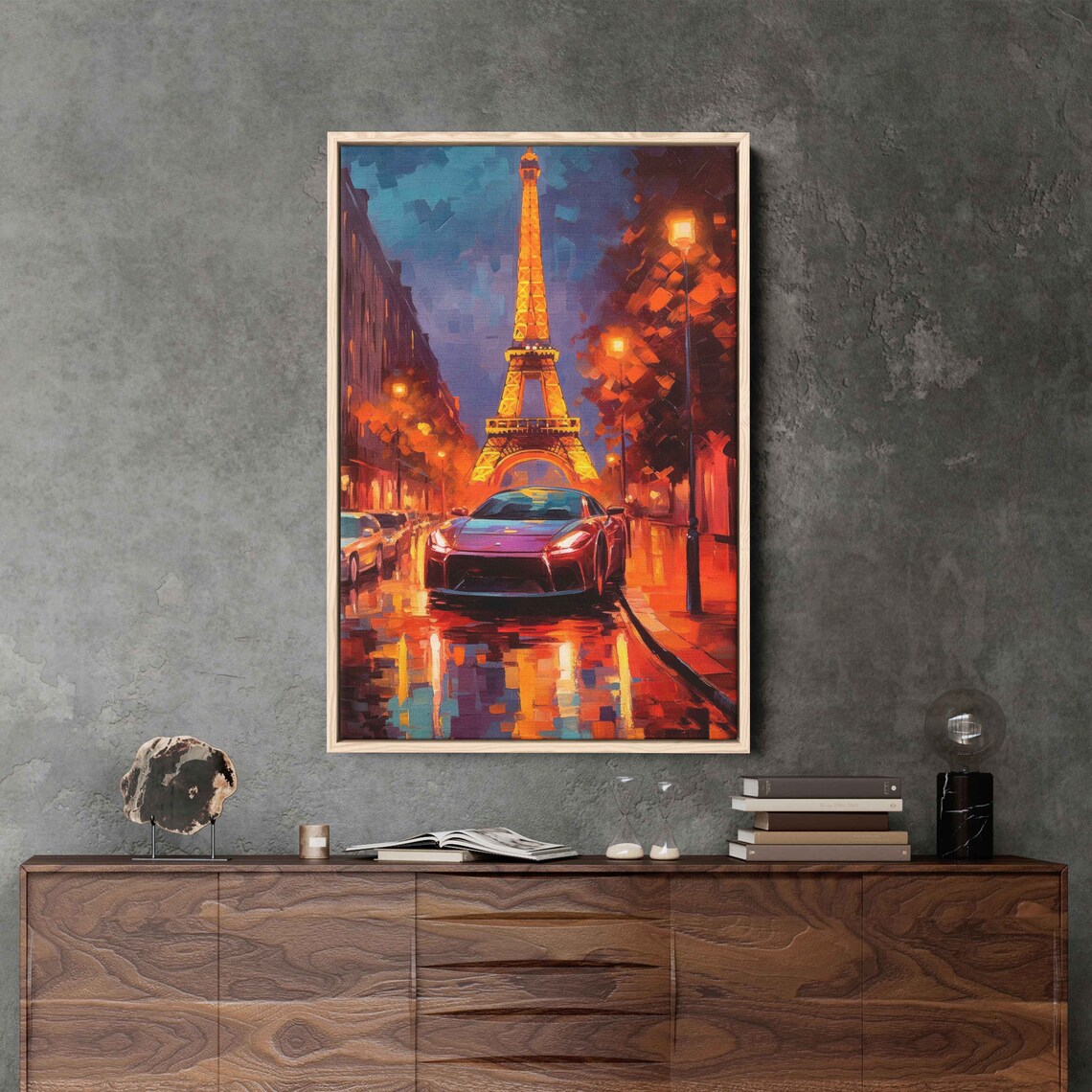 Paris Eiffel Tower Night Sports Car Wet Street Lamps Painting Poster - Image 3