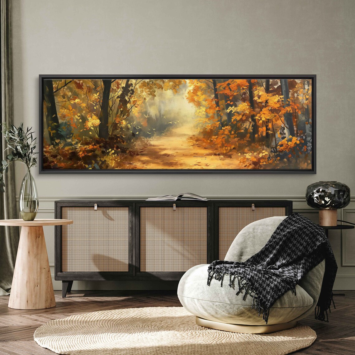 Golden Autumn Forest Path Sunlit Fall Leaves Painting Poster - Image 3