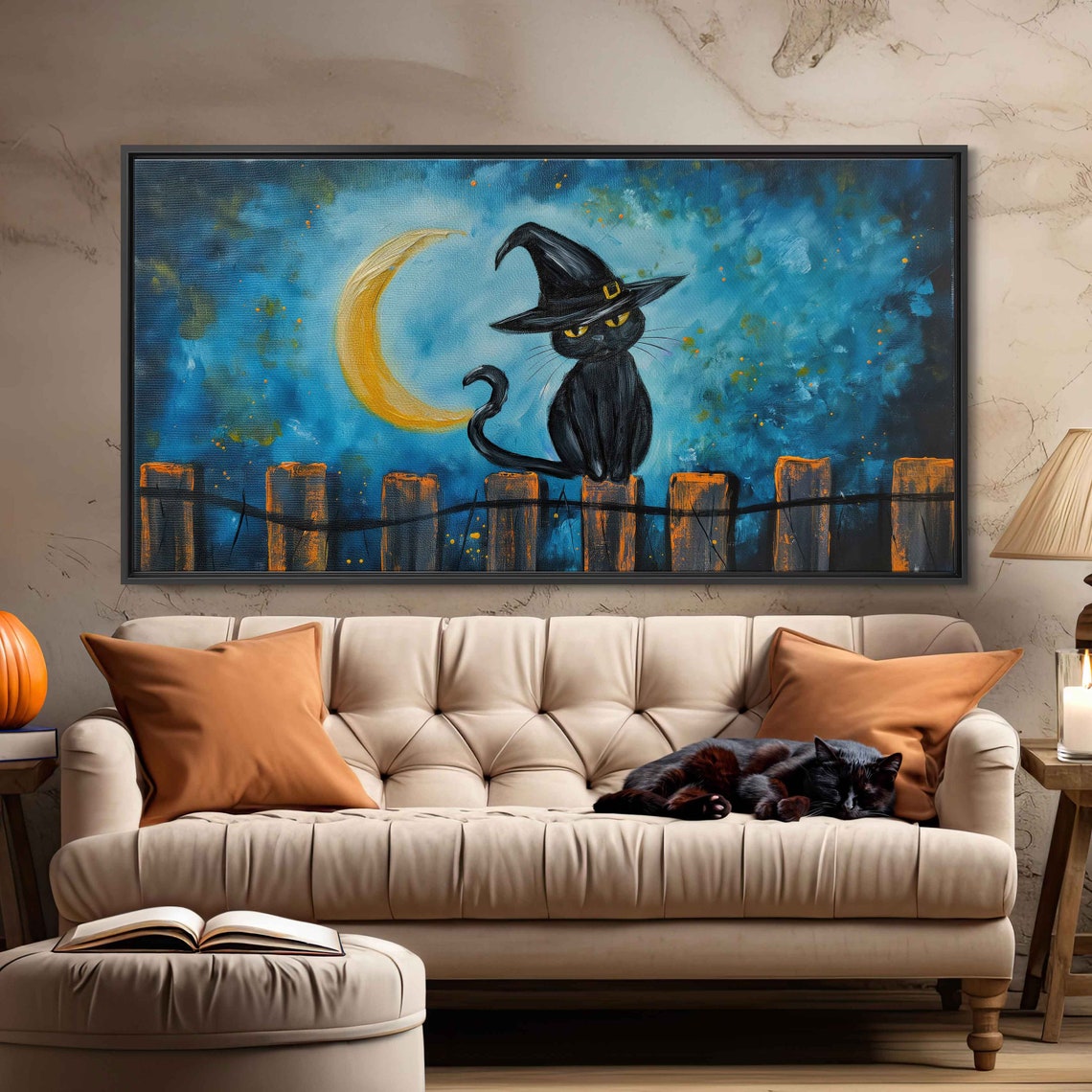 Black Cat Witch Hat Starry Night Sky Golden Moon Halloween Wall Art - Image 3