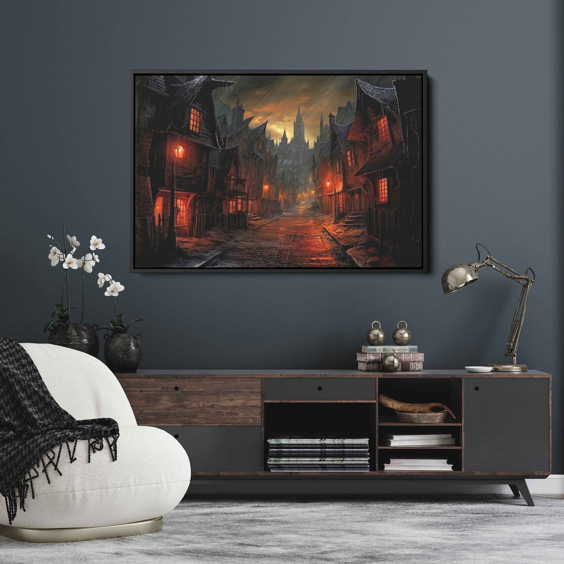 Spooky Haunted Old Town Night Street Gothic Castle Lantern Light Poster - Image 2