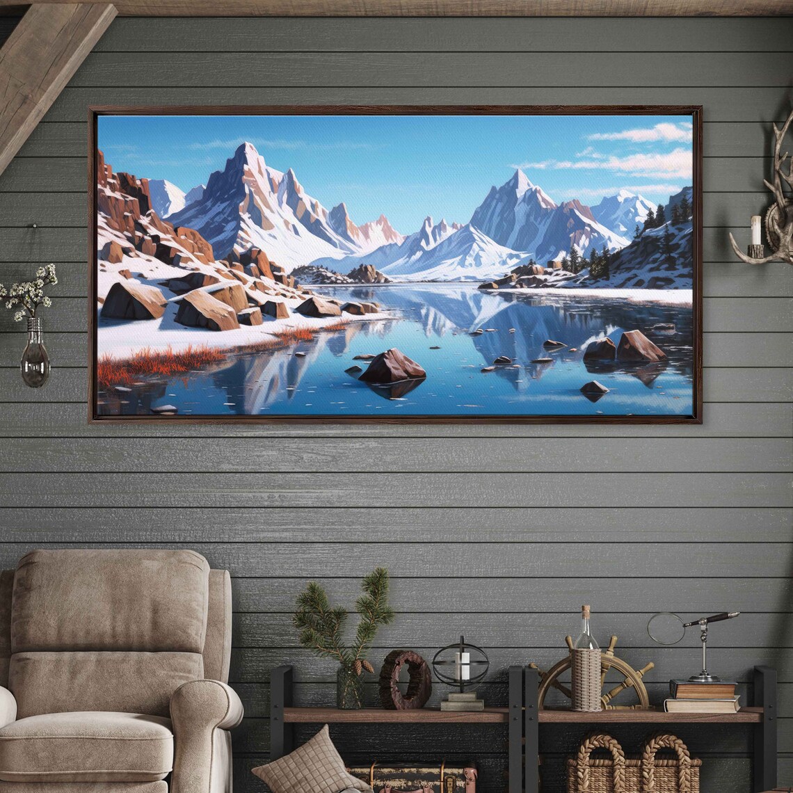 Snow Covered Mountain Landscape Oil Painting Framed Print Ready To Hang Reflective Lake - Image 3