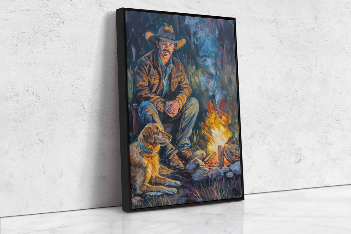 Cowboy And Loyal Dog By Campfire At Night Western Scene Poster - Image 4