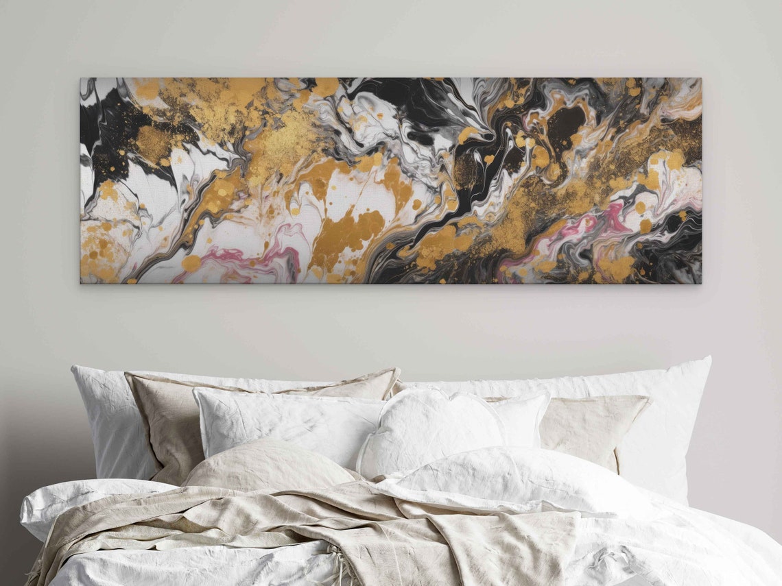 Black Gold White Panoramic Marble Splash Abstract Wall Art Poster - Image 4