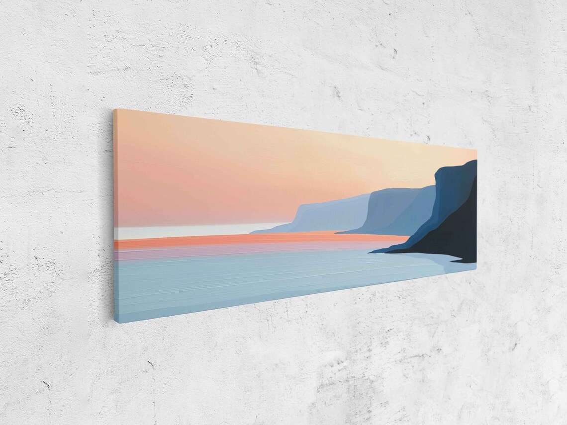 Minimalist Coastal Cliffs Sunset Panoramic Blue Sea Pink Sky Ocean Art Poster - Image 4