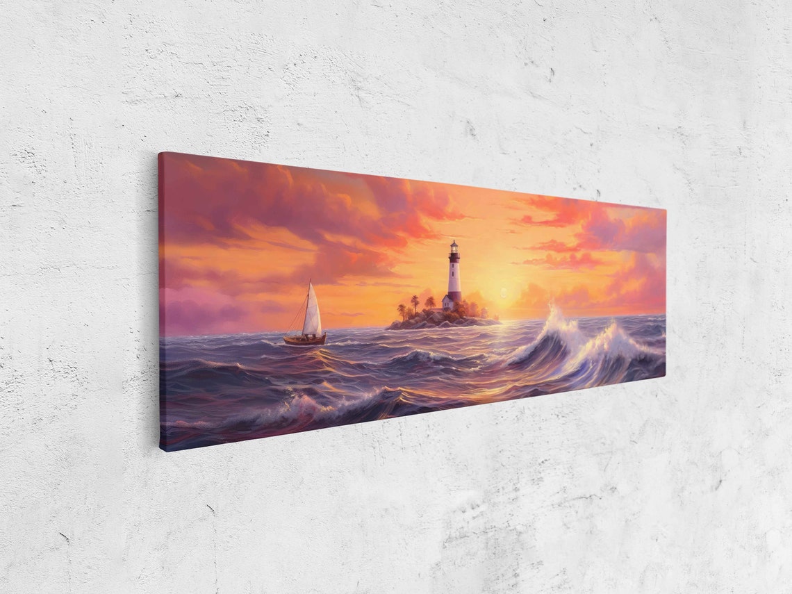 Panoramic Lighthouse Seascape Oil Painting Framed Print Tropical Wall Art Beach House Decor - Image 4